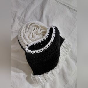 Handmaid Black And White Crocheted Pony Tail Hat And Scaf.